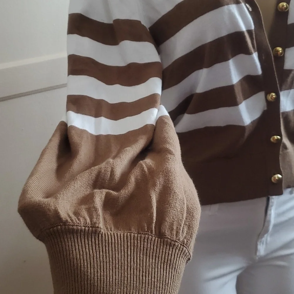 NWT Michael Kors Women's Cardigan Sweater, tan and white stripes Size L